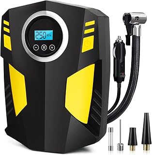 Crebeau Digital Tyre Inflator, DC 12V Portable Air Compressor Car Tyre Pump with 3 Nozzle Adaptors and Emergency LED Flashlight for Car Tyres, Bicycles and Other Inflatables