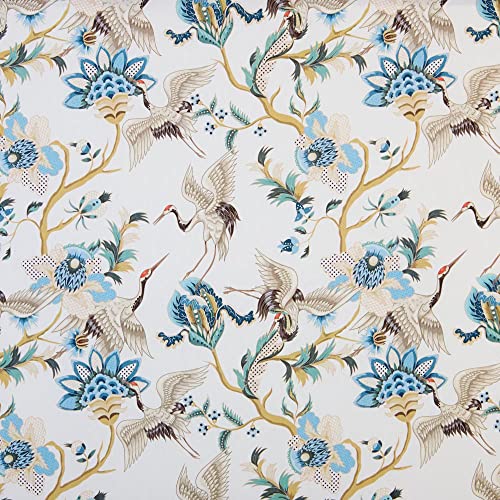 Tissu toile imprimée grues demi-panama bleu pour rideaux et nappes | 100x280 cm