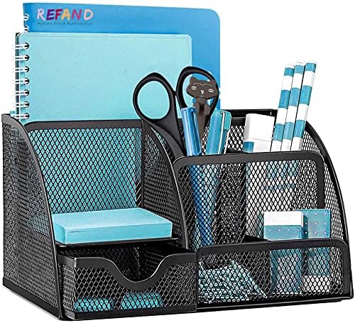 Refand Mesh Desk Organizer, Desktop Office Supplies Multi-Functional Caddy Pen Holder Stationery with 6 Compartments and 1 Drawer for Office, Home, School, Classroom