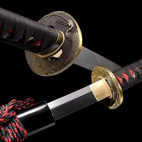 Miniatura 4 de OYZ - Espada Katana de samurái japonesa, templada en arcilla, acero T10, Choji Hamon real, espada con Tsuba, hoja afilada, espada completa hecha a