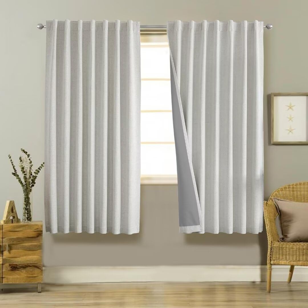 Joydeco 100% Black Out Curtains 72 inch Long 2 Panels Burg Natural Blackout Linen Drapes for Bedroom Living Room Darkening Curtain Thermal Insulated Back tab Rod Pocket(37x72 inch,Greyish White)