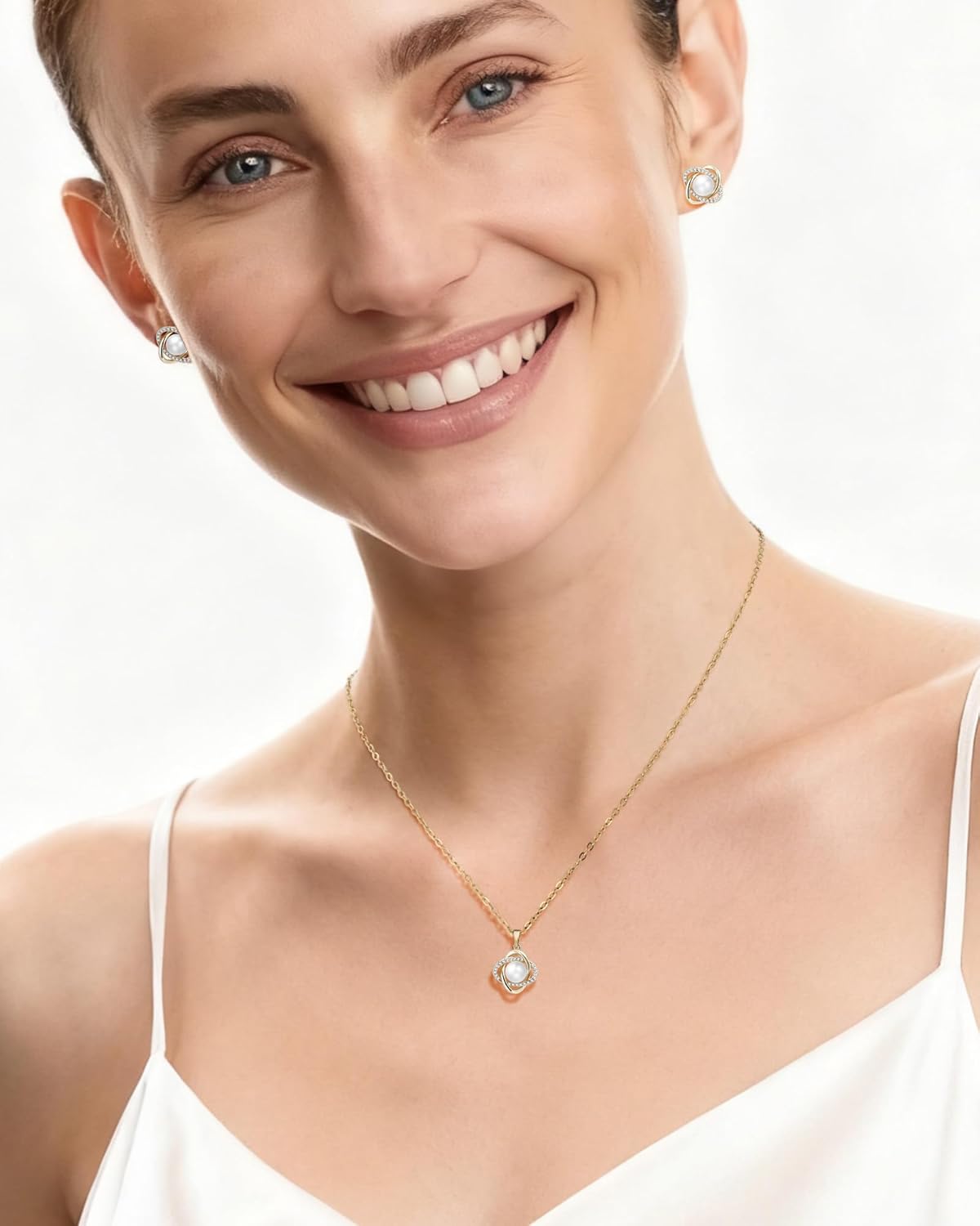 14K Gold Plated and Silver Pearl Jewelry Set for Women - Matching Pearl Necklace and Earring Set with Wrapped Design, June Birthstone Jewelry Set for Gift - Image 5