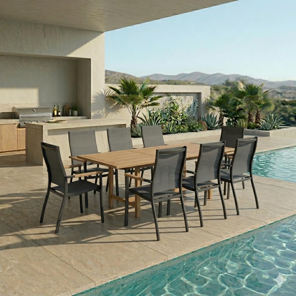 Urban Elements Mykonos 9-Piece Rectangular Patio Furniture Set | 100% Certified Teak | Backyard Furniture, Outside Table and Chairs, Rectangular Outdoor Dining Set