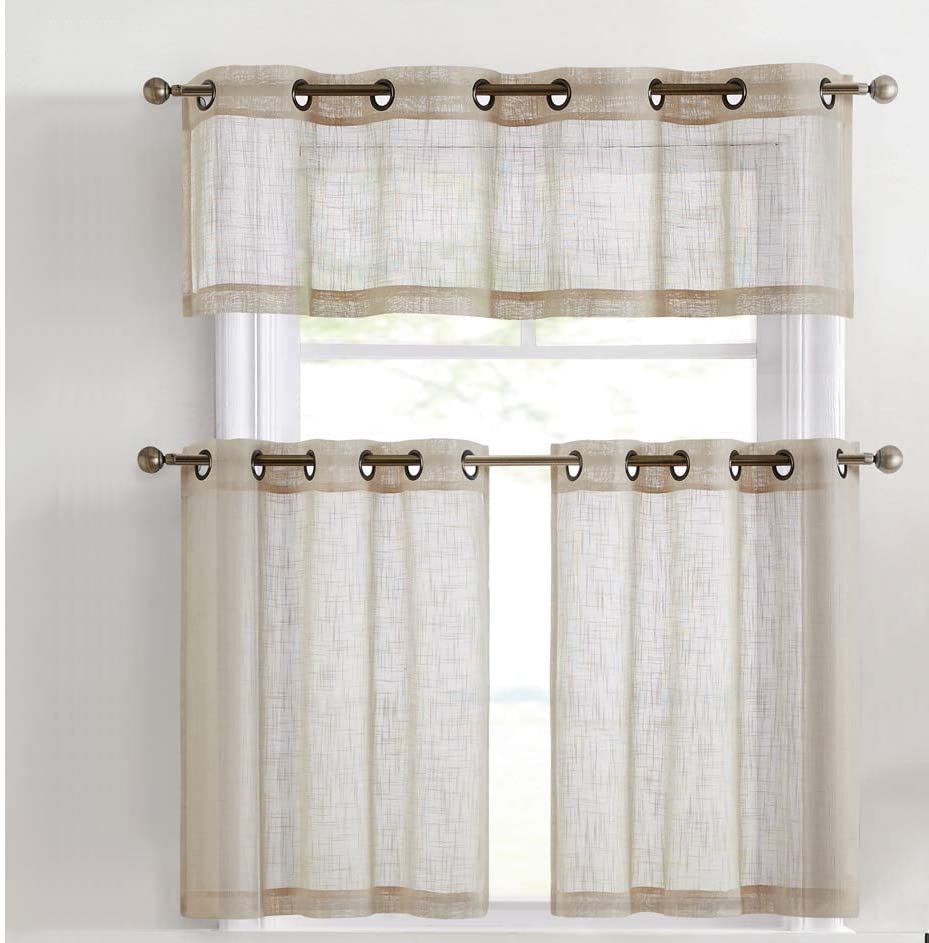 Lot De 2 Rideaux Brise-Bise Longs En Lin Semi-Transparent Yaland - Cuisine Salon Maison Campagne (Sable 50x50 Cm)