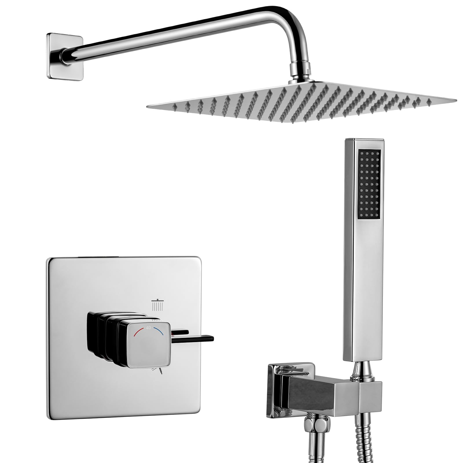 ARCORA Sistema de Ducha Empotrado con Termostato, Juego Completo con Válvula de Temperatura constante de 40 °C, Ducha de Lluvia Giratoria 360°, Ducha de Mano y Manguera, Acero Inoxidable y Latón