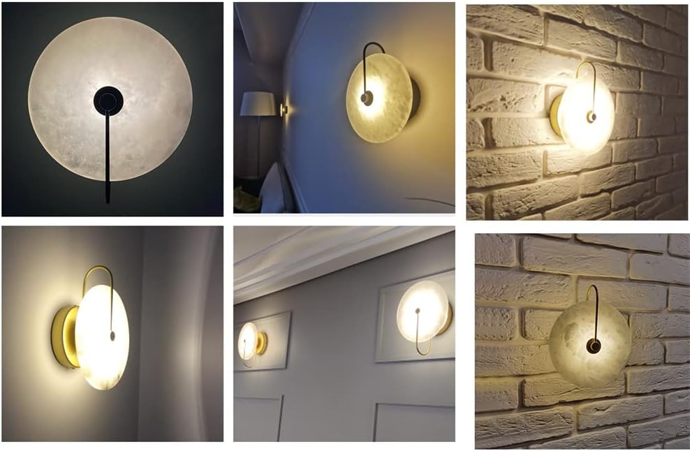 LED Round Wall Sconce, 3000k Warm Light 3W Simple Natural Marble Decoration Lamp Table Lamp for Bedside Office (Black,16cm)