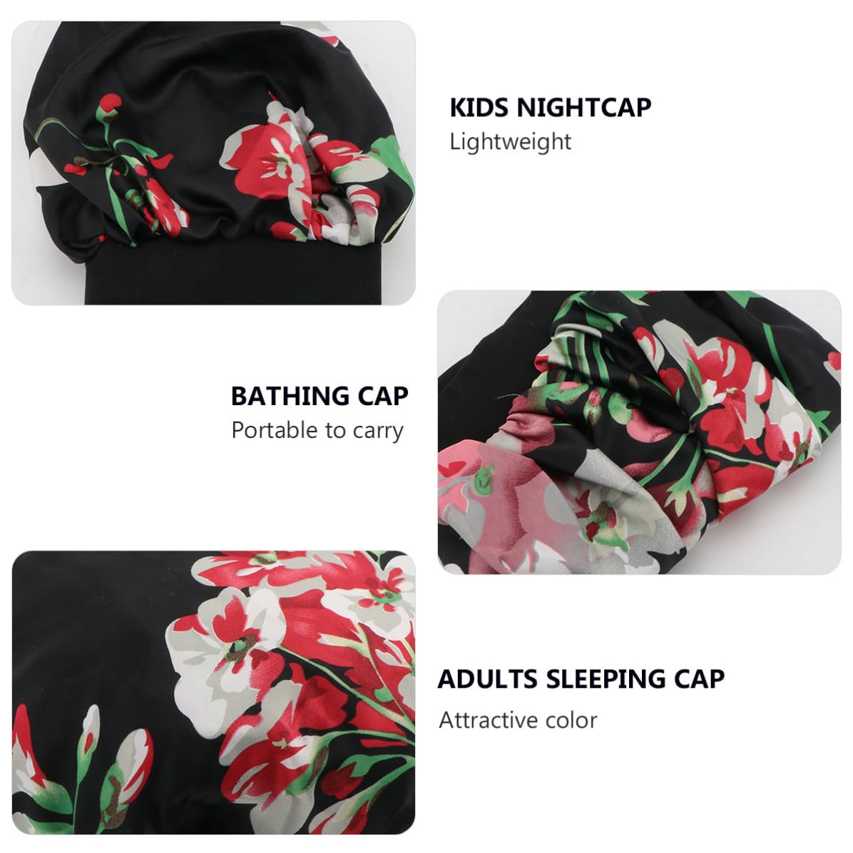 Gorro de Dormir Ala Ancha Elástico de Satén Negro para Adultos