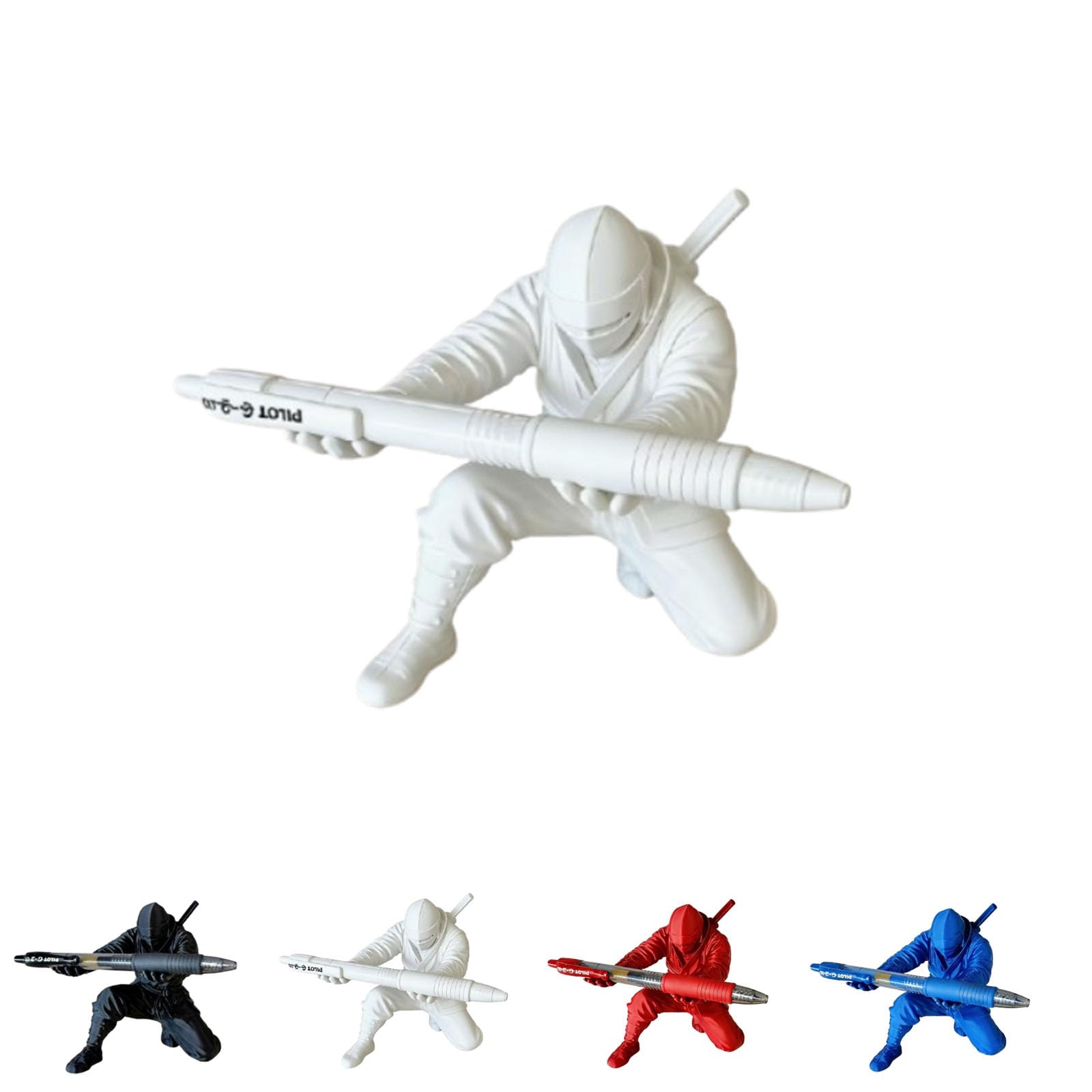 Ninja Warrior Pen Holder, Samurai Desktop Organizer with Sword Accessories, Creative Pencil Stand, Unique Desk Decor Gift for Home Office Classroom (White)
