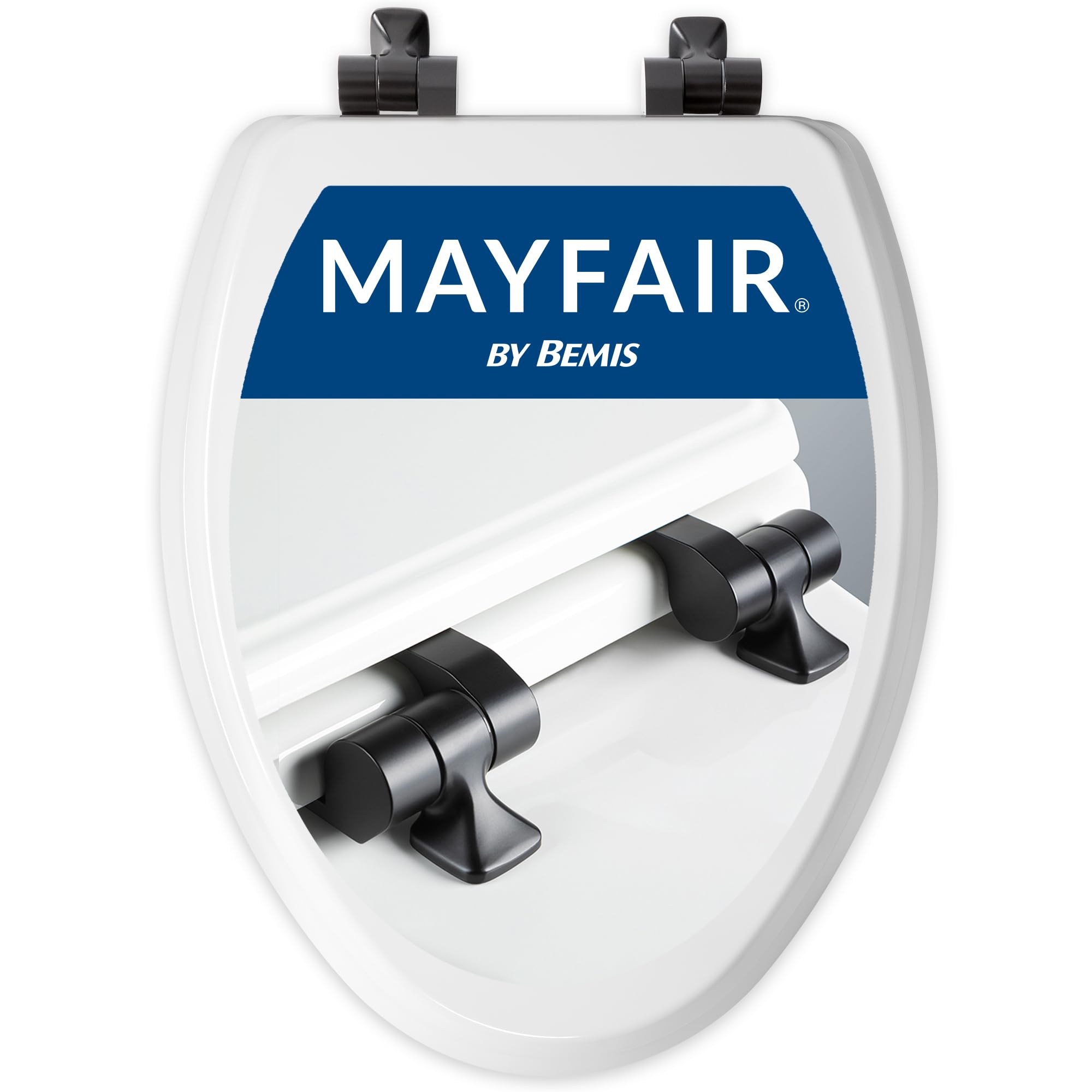 Mayfair Matte Black Bennett Toilet Seat With Hinges, Slow Close Wood Seat, Secure Metal Hinges, Easy Install, Made In Usa, Elongated, White