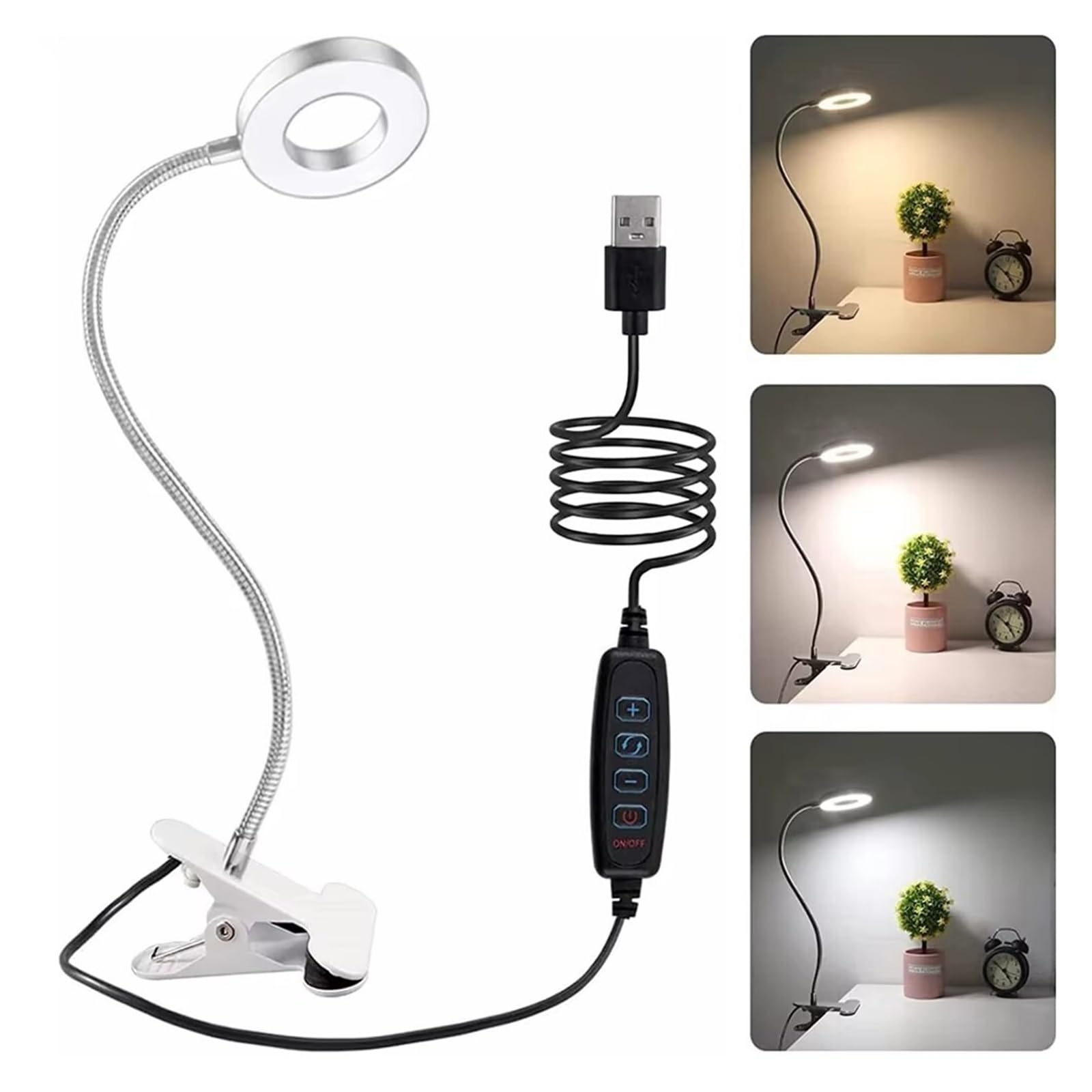 Lámpara con clip flexible de 48 LED, 360°, 3 niveles de brillo, USB