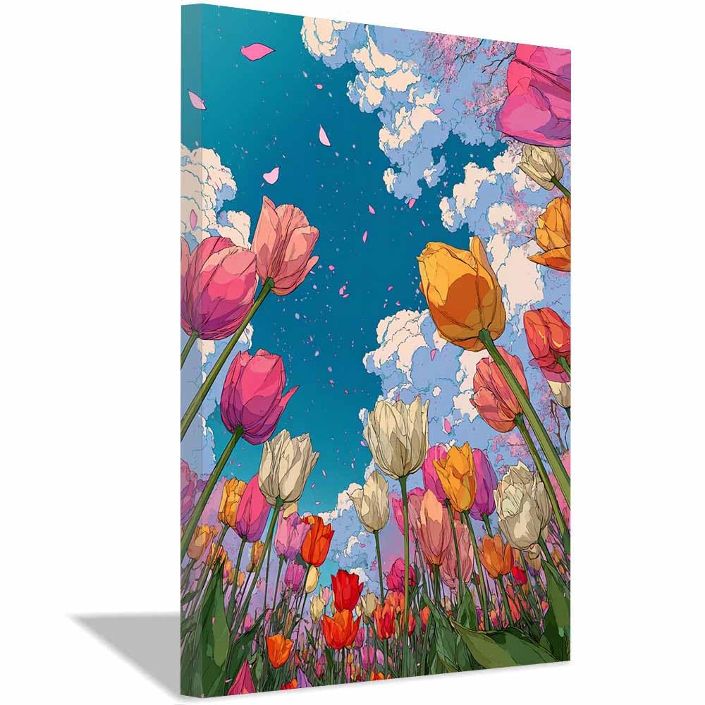 Hoqiu Multicolor Flowers Wall Art Tulip Field Art Print Pictures, Print Canvas Poster Decor For Living Room, Bathroom Canvas Art, For Bedroom Home Decoration.(Multicolor)-30X40cm Framed