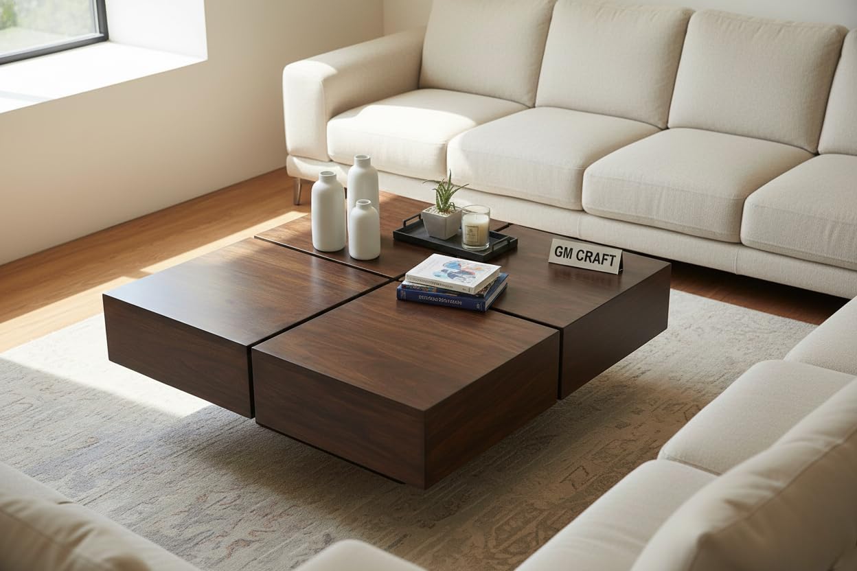 Sheeshsam Wooden Coffee Center Table - Solid Wooden Coffee Table for Living Room - Tea Table Teapoy Center Piece for Home Sofa Center Table for Living Room (Walnut, Noah)-image-12