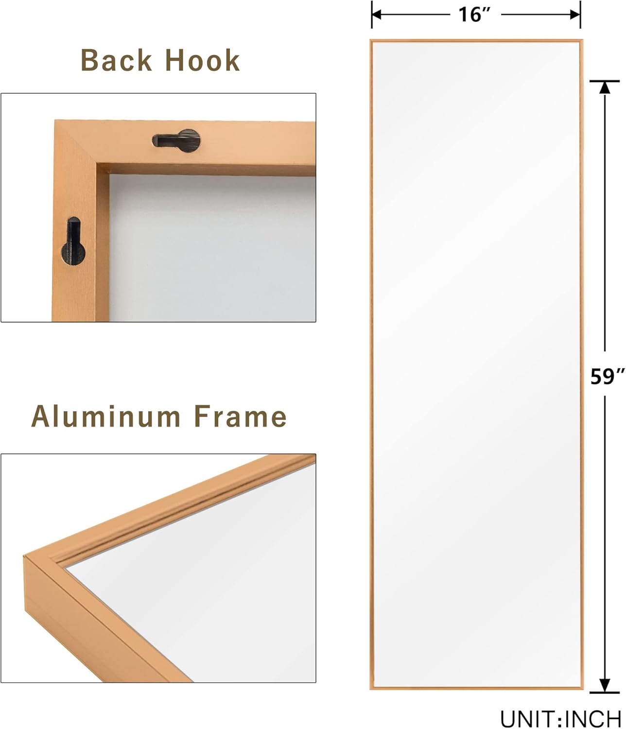 NeuType 59"x16" Full Length Mirror with Standing Holder Aluminum Alloy Frame Floor Mirror Wall-Mounted Mirror for Living Room, Bedroom, Hanging or Leaning Against Wall, Golden (with Stand)