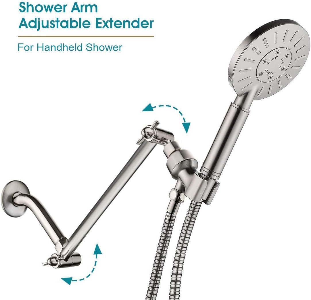 BRIGHT SHOWERS 6 Inch Brass Shower Arm Matching 10 Inch Brass Adjustable Shower Extension Arm, Brushed Nickel