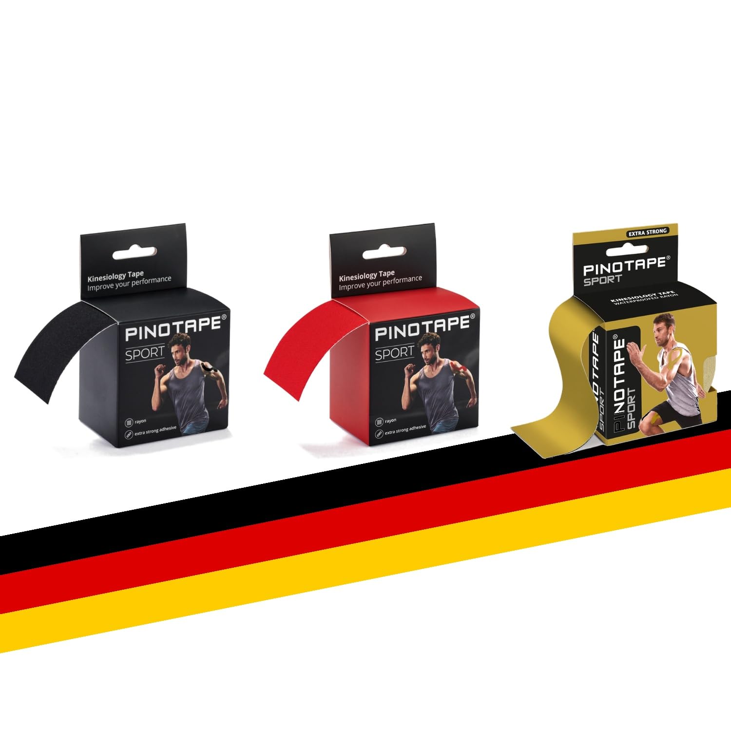 Pinotape Sport | Team Germany | Lot de 3 bandes de kinésiologie de 5 cm x 5 m chacune | Bande de kinésiologie imperméable | Extra forte | Kinésiologie | Lot de 3 bandes