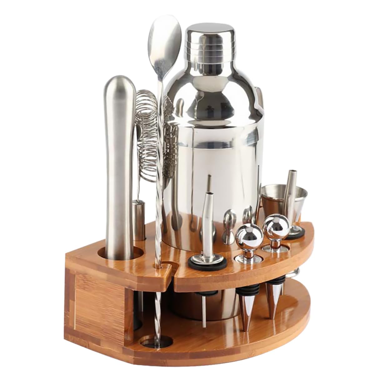 MAGICLULU Juego de Coctelera Adecuado para Hacer Cócteles y Bebidas Elegantes de 12 Piezas de Acero Inoxidable Soporte de Bambú para Bar y Fiestas en Casa