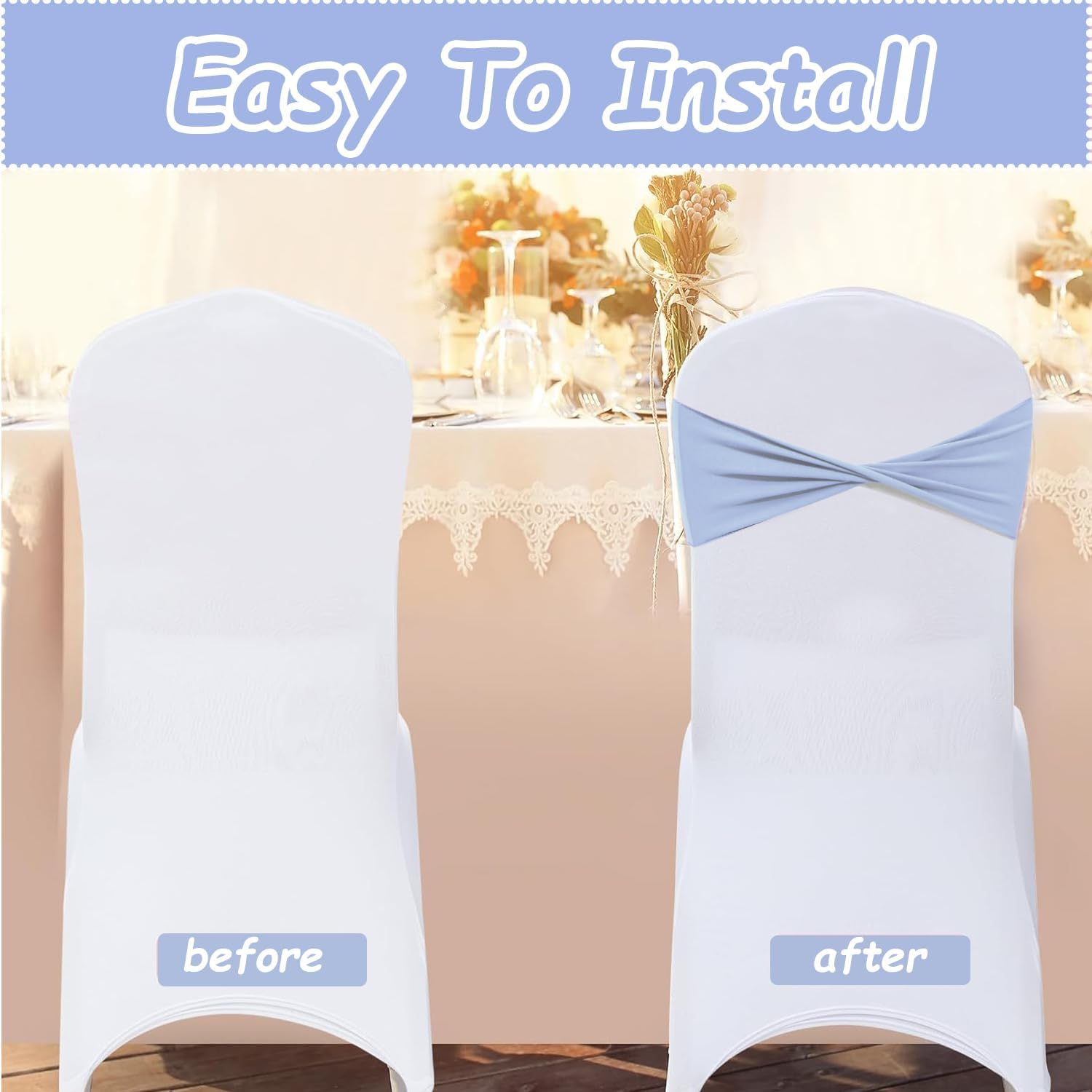 Spandex Sky Blue Chair Sashes Bows 30 Pcs Blue Chair Sashes Elastic Chair Cover Bands Ties Without Buckle for Wedding Birthday Party Ceremoney Events Decoration