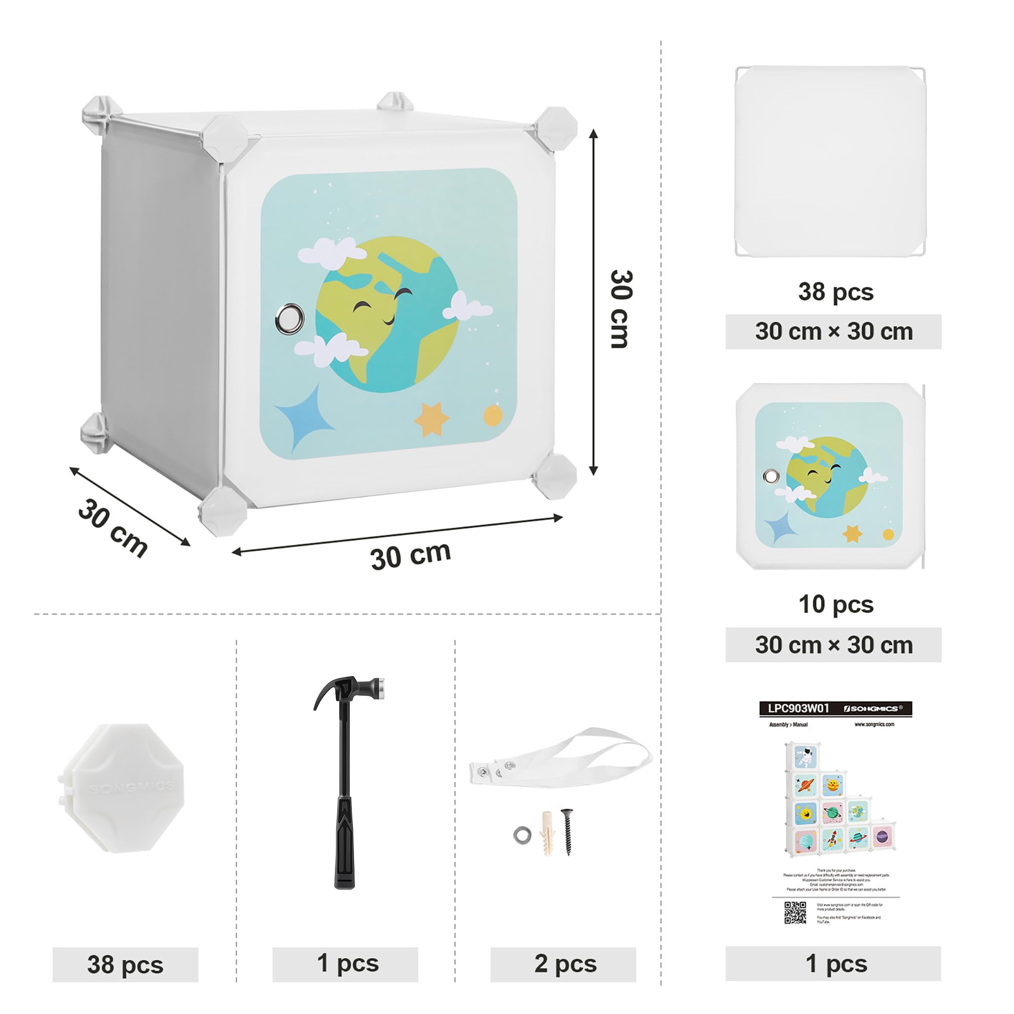SONGMICS Estantería Modular Infantil de 10 Cubos, Organizador para Niños, Estantería de Plástico, Armario Modular con Puertas para Ropa, Zapatos, Juguetes, 123 x 31 x 123 cm, Blanco LPC903W01
