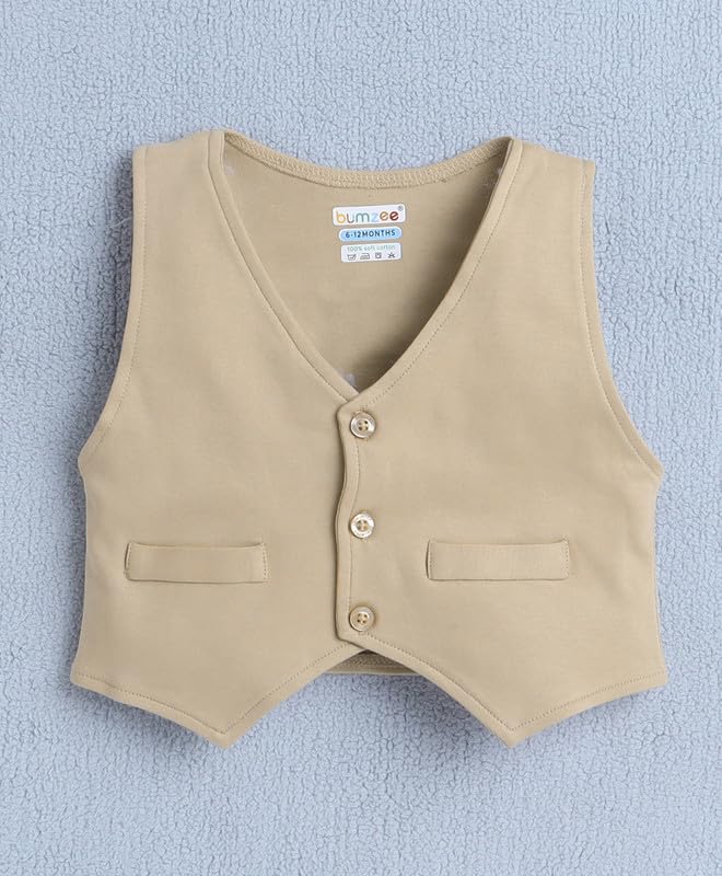 Image of BUMZEE Boys Regular Fit Full Sleeves Collar Neck Cotton Shirt Waistcoat & Short Set With Applique Bow