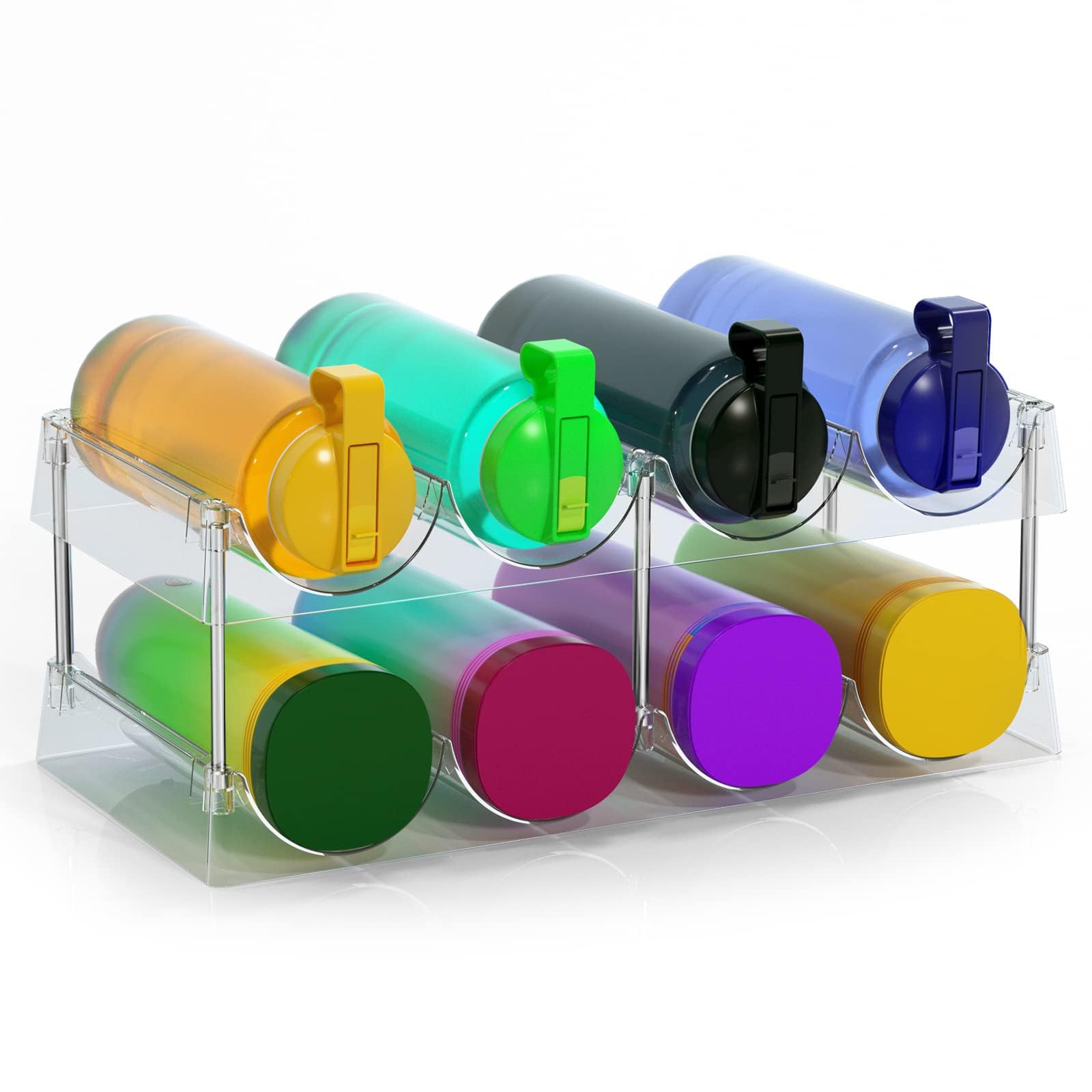 2 Etagen Flaschenablage, Flaschenhalter, Weinregal, Kunststoff Flaschenregal für Kühlschrank, Küche und Schrank, Flaschen Organizer Schrank, Klar stapelbar, hält 8 Flaschen, Enthält Haken für Tassen