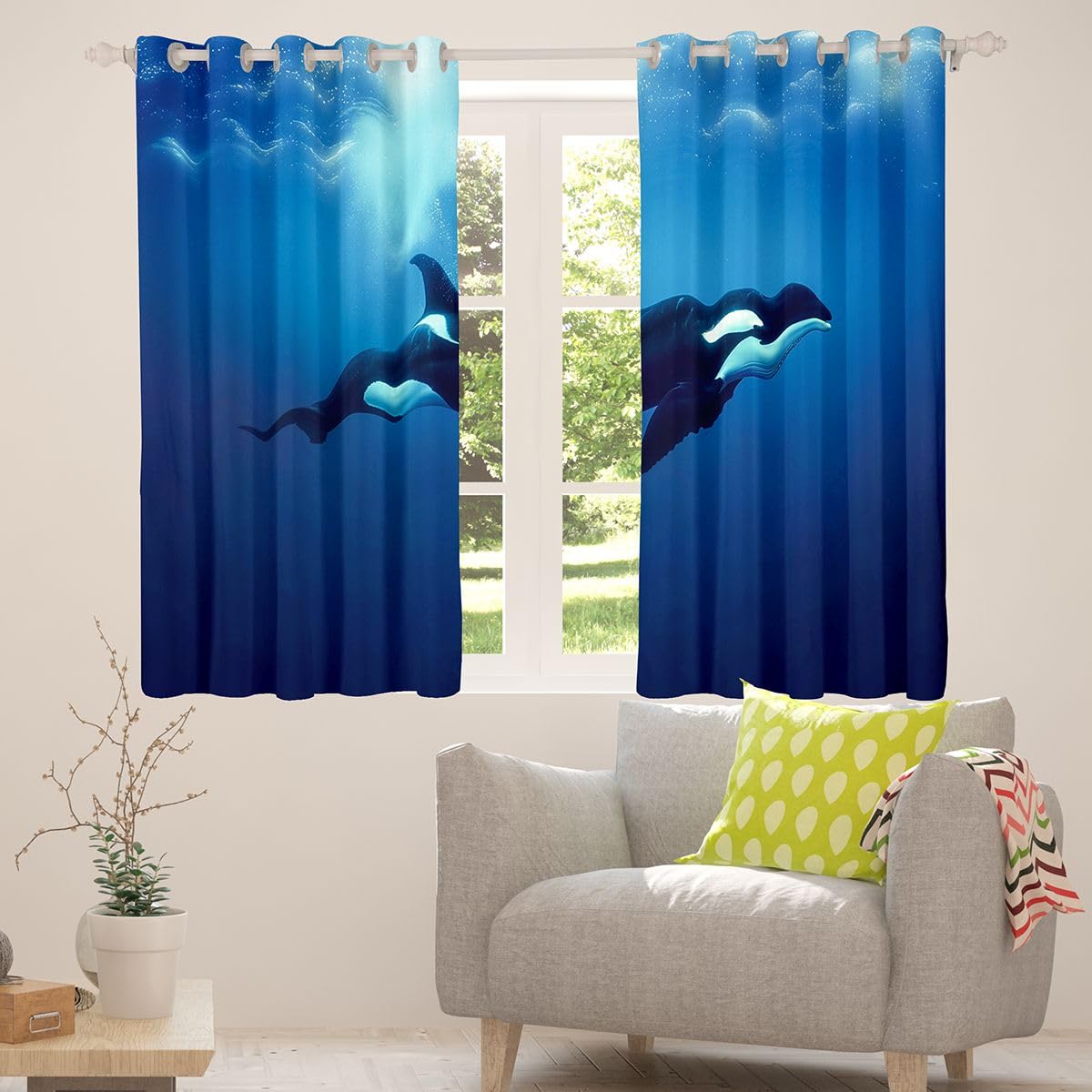 Homemissing Tende oscuranti Orca per camera da letto, soggiorno, balena oceanica, tende oscuranti con stelle marine, spiaggia, tende oscuranti per finestre, 2 pannelli da 117 cm x 117 cm
