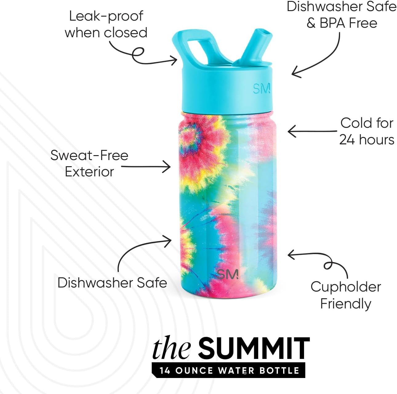Simple Modern Kids Water Bottle with Straw Lid | Insulated Stainless Steel Reusable Tumbler for Toddlers, School | Summit Collection | 14oz, Tie-Dye