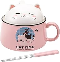 Vista 1 de Juego de tazones para ramen con palillos, lindos tazones de fideos ramen instantáneos con diseño de gato con tapa, tazones de cerámica extra grandes