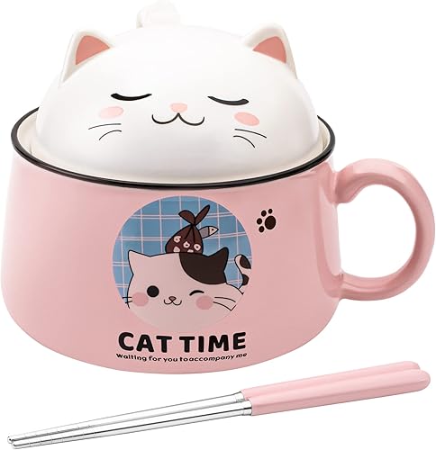 Juego de cuencos para ramen con palillos, lindos cuencos de fideos instantáneos para ramen con tapa, cuencos de cerámica extra grandes de 34.5 onzas