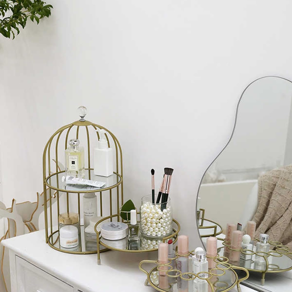 2 Tier Crystal Mirror Top Gold Metal Bird Cage Cupcake Cake Stand,16.7" H Vanity Dresser Organizer Tray, Perfume Tray Makeup Tray Countertop Storage Tray (Gold)