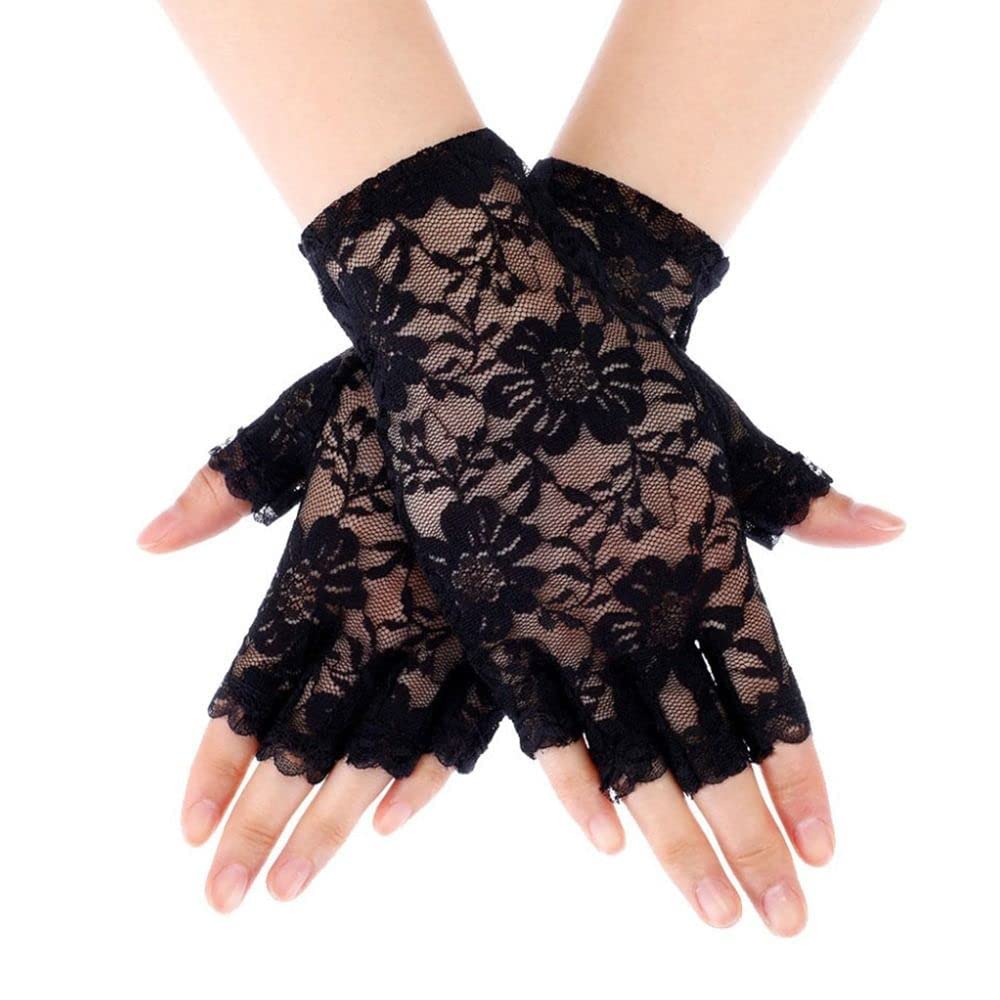 Andy's Orchids Lace Dance Gloves, Half Finger Fishnet Gloves, 1920s Women Fingerless Mesh Wrist Floral Short Gloves for Wedding Opera Tea Party Prom Cosplay Black