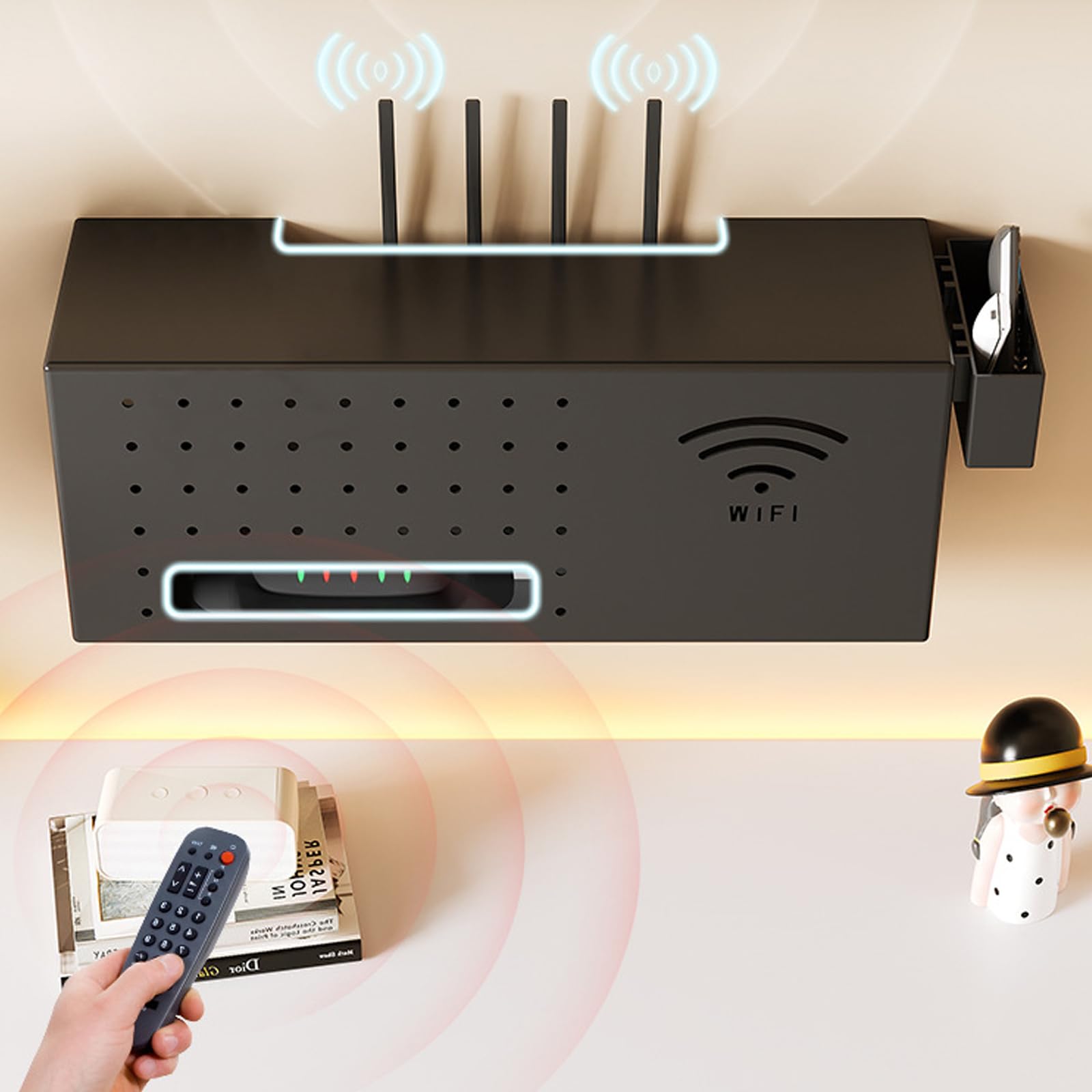 Catekro Organisateur de routeur WiFi Support mural pour le salon et le bureau Couvercle de gestion des câbles avec trous de ventilation Organisateur de routeur pour le cordon d'alimentation (noir)