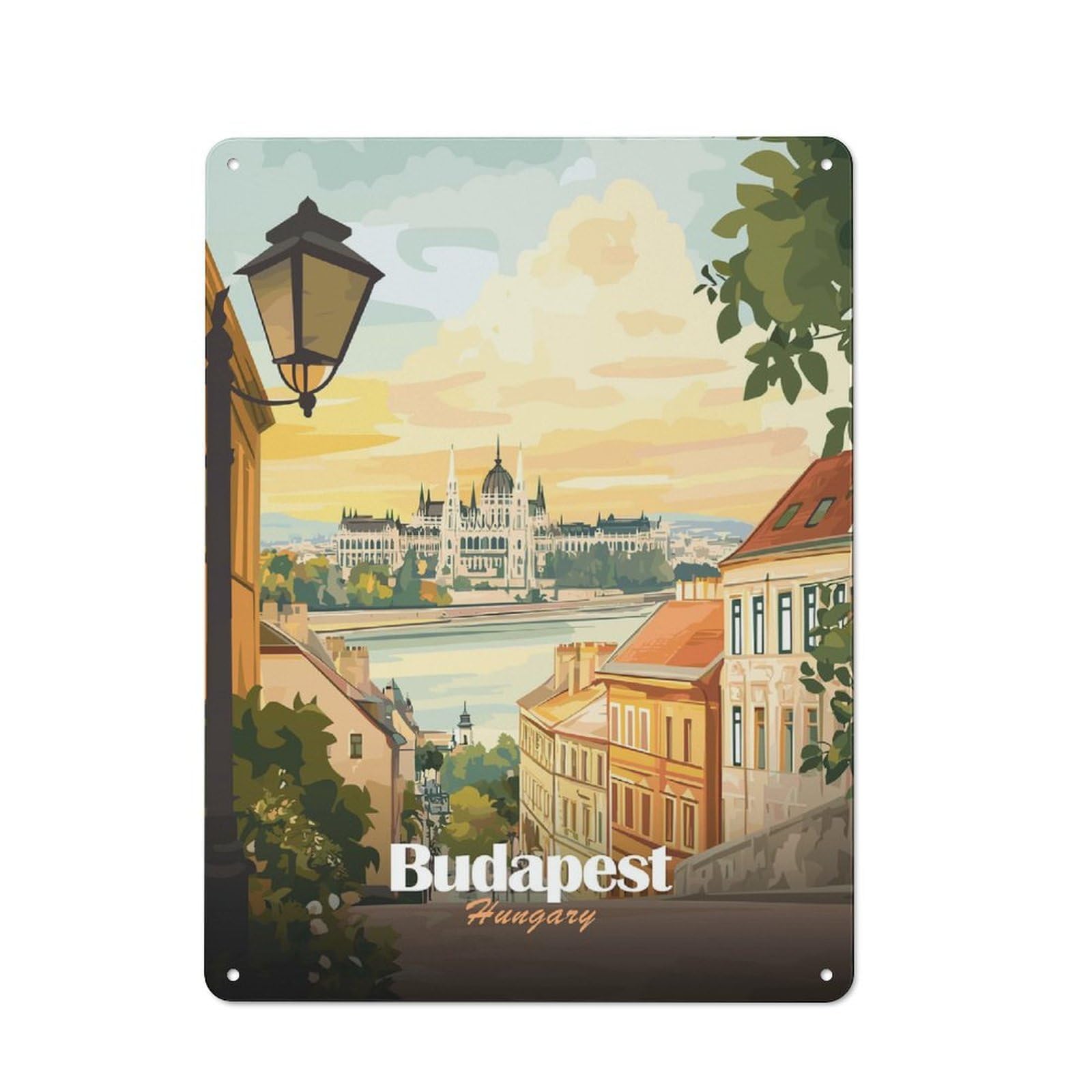 Junmoney Style-4 Workshop Style Garage Metal Sign 40X30cm Featuring Budapest, Hungary Cityscape Illustration(2), Industrial Wall Art For Workshop, Basement, Shed Or Games Room