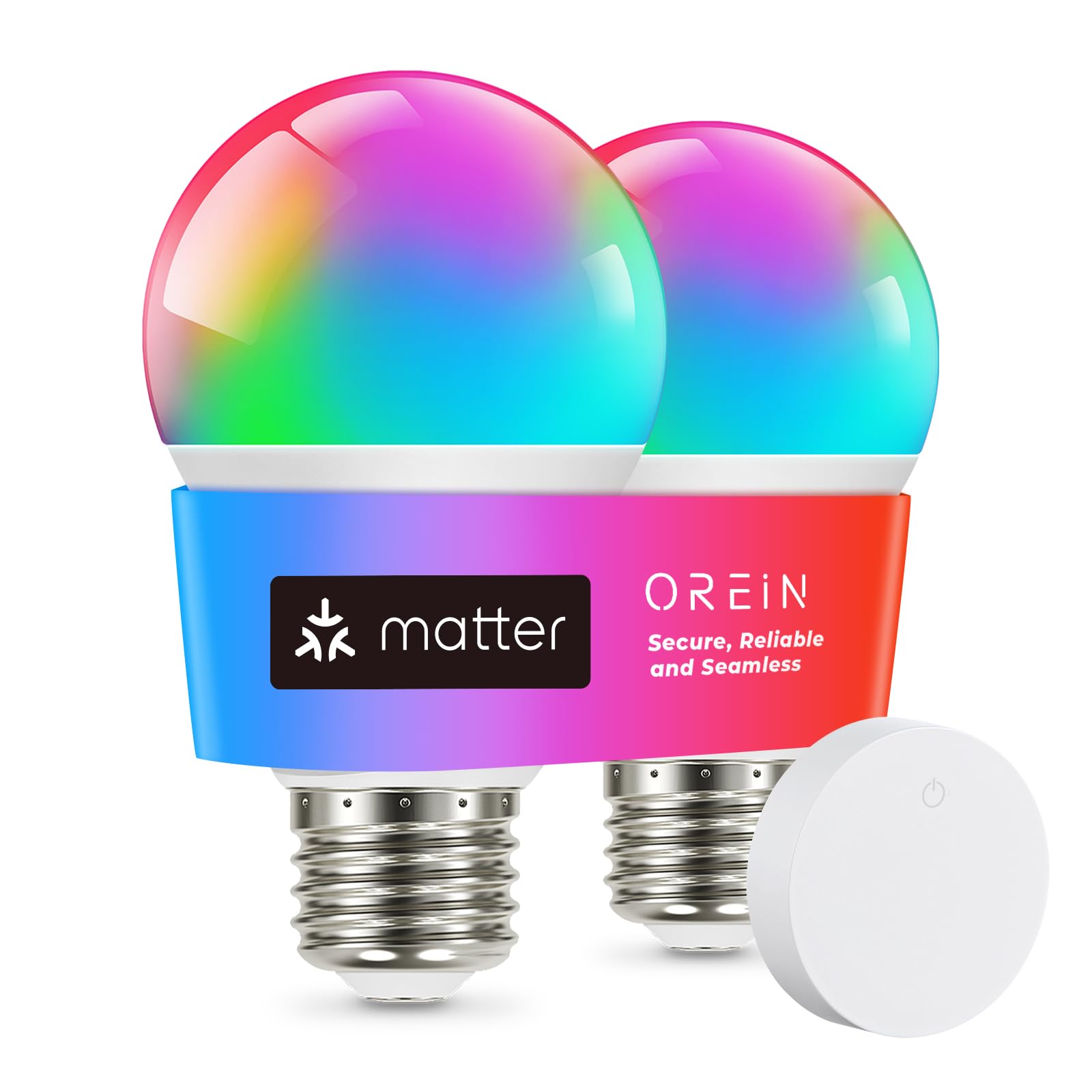 OREiN Matter Smart Light Bulb, Smart Light Bulbs with Remote Control Work with Apple Home, Alexa, Google Home, SmartThings, Color Changing Light Bulbs 2.4Ghz WiFi, 800 Lumens Equivalent 60W 2Pack