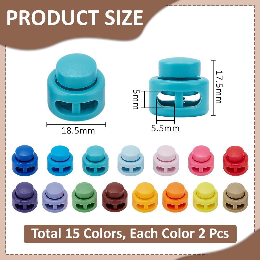 WADORN 30Pcs 15 Colors Plastic Cord Locks, Double Hole Drawstring End Stopper Fastener Spring Slider Toggles Clip with Storage Box for Shock Cord Drawstring Shoelace Locks Hoodies Bags Clothing - Image 2