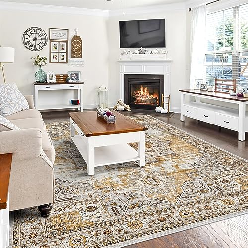 RUUGME Washable 8x10 Area Rugs - Large Rugs for Living Room Stain Resistant Carpet Vintage Rugs for Bedroom with Non Slip Backing Home Decor Floor Decoration Mat (8x10 Yellow)