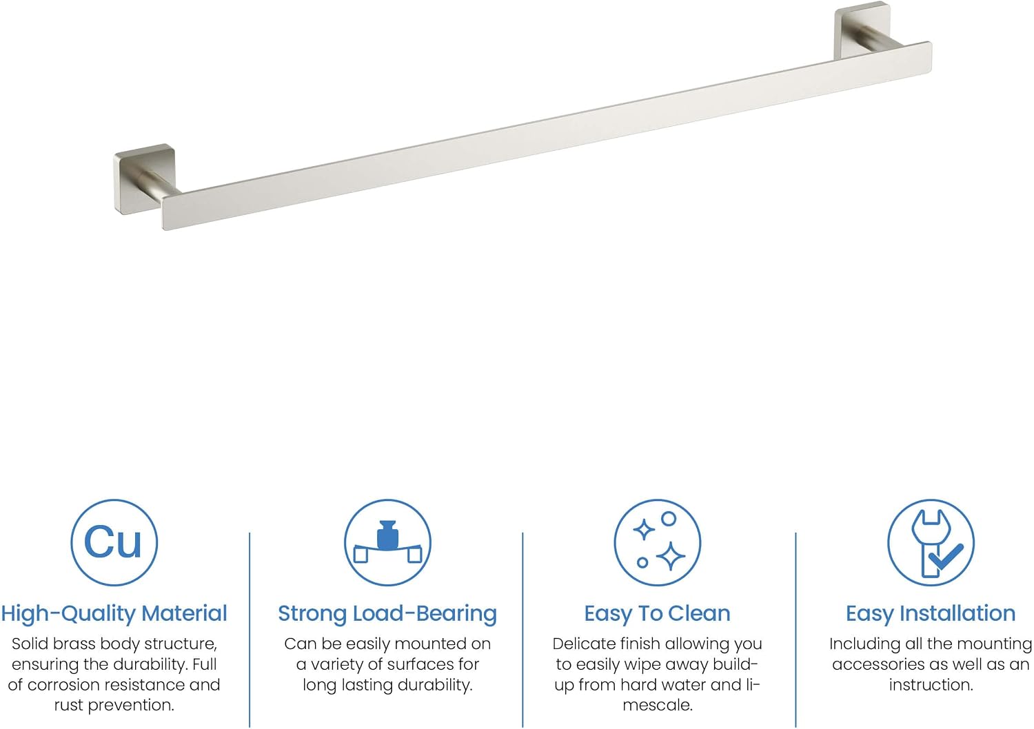 KIBI Blaze 24 Inch Wall Mounted Bath Towel Bar – Solid Brass Bathroom Towel Holder, Modern Design, Durable Rust-Resistant Towel Hanger, Brushed Nickel Finish for Bathroom Accessories