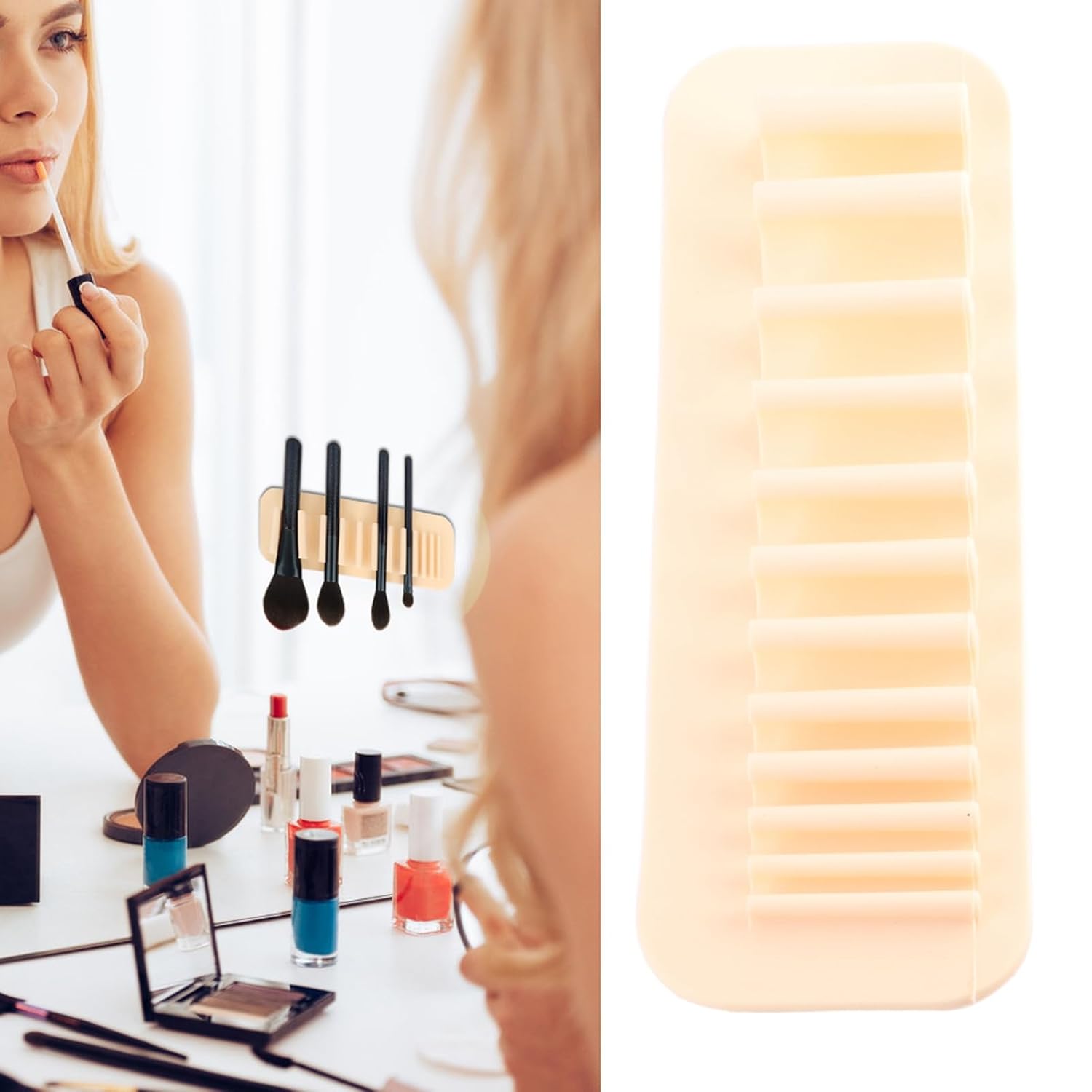 Soft Silicone Wall Mounted Makeup Brush Holder Organizer Rack - Stylish and Practical Pink Storage for 11 Brushes and Toothbrushes
