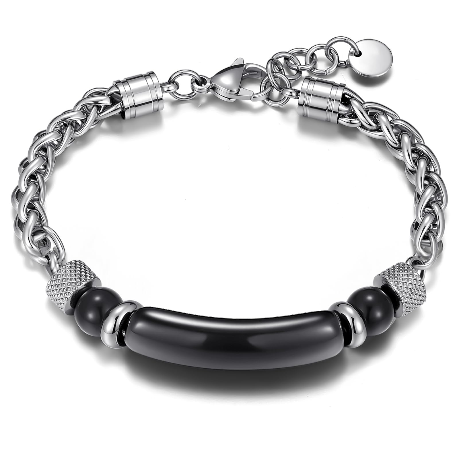 Silver deer 2025 Ultimate Adjustable Black Men's Bracelet - Stainless Steel & Titanium Chain with Genuine Black Obsidian Stone Beads (7.67"