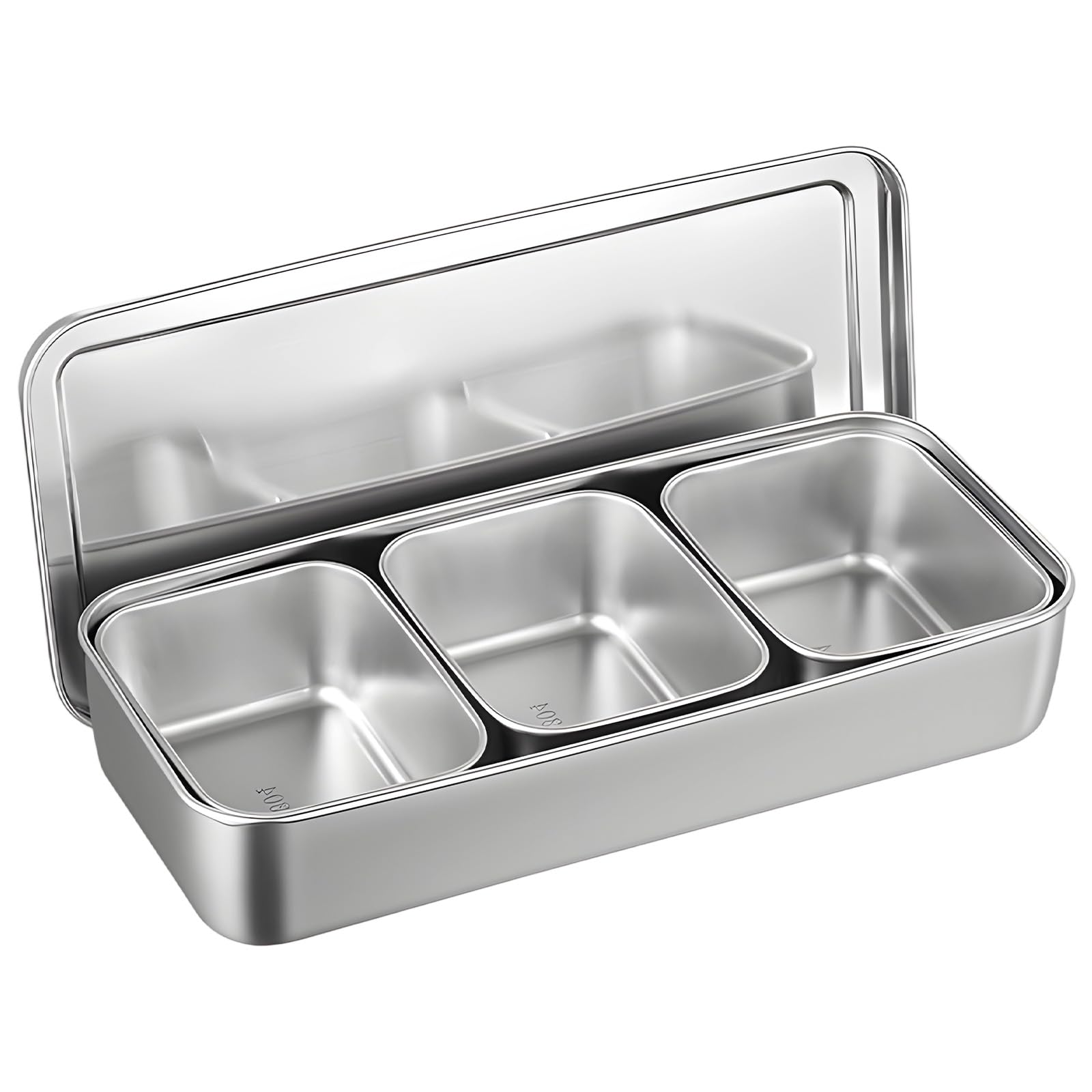 Bac à condiments en acier inoxydable à 3 compartiments, récipient avec couvercles, 33,8 fl oz 1000 ml par case, longueur 33,5 cm, pour cuisine et usage professionnel