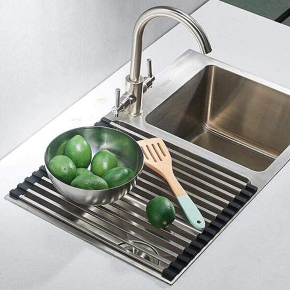 CLQ Estante De Drenaje De Acero Inoxidable Estante De Secado De Frutas Y Verduras, Escurridor, Escurridor, Escurridor sobre Fregadero Enrollable, Negro