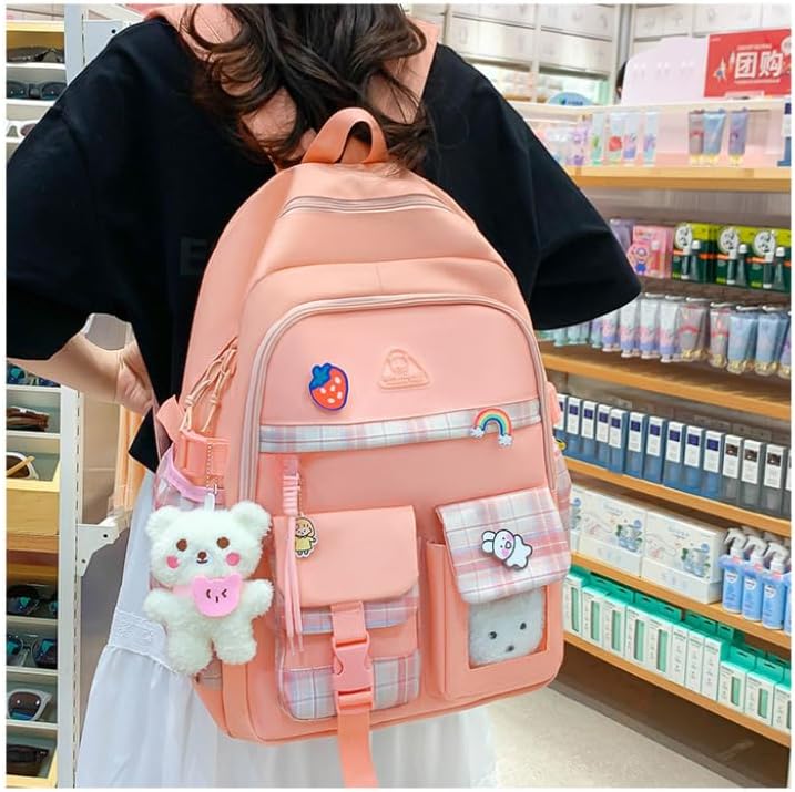 Miniatura 3 de Juego de 5 mochilas Kawaii con colgantes y alfileres Kawaii, accesorios estéticos, bolsas de libros con colgante, Rosado, Moderno