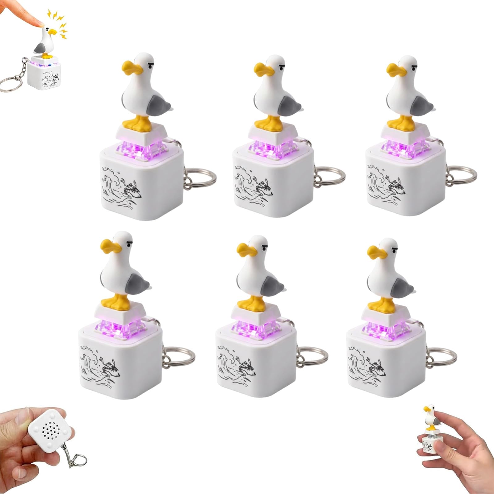 Seagull Mine Keychain, Keyboard Fidget Toy Keychain with Real Sound & LED Light, Portable Stress Relief Fidget Gadget, Funny Interactive Gift for Friends & Family (6PCS)