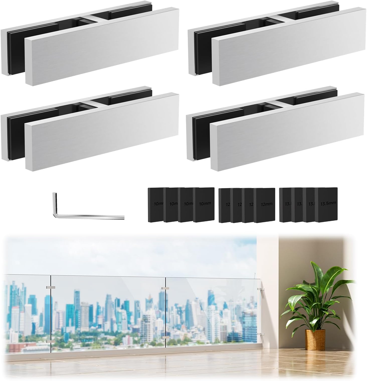 4 Pack Railing Glass to Glass Clamp, 180 Degree Stainless Steel 304 Bracket for Balustrade, Double Sided Railing Clip Holder Stabilizer with Rubber Gaskets For Fence, Balcony Deck