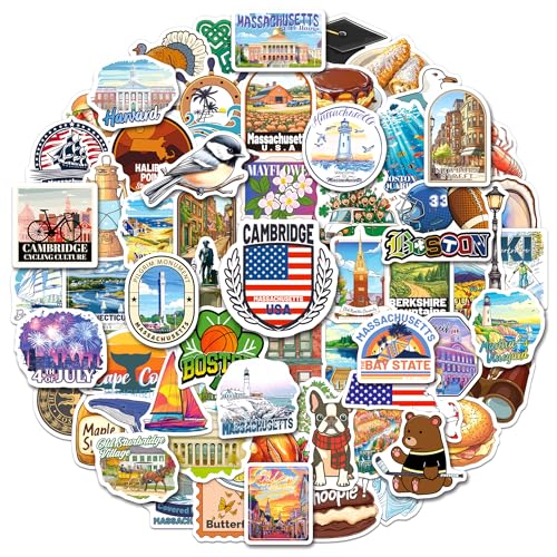 YTSQLER 200 PCS Massachusetts Stickers, Massachusetts Travel Souvenirs Stickers for Laptop Water Bottle Guitar, Vinyl Travel Decals for Adults Women Men