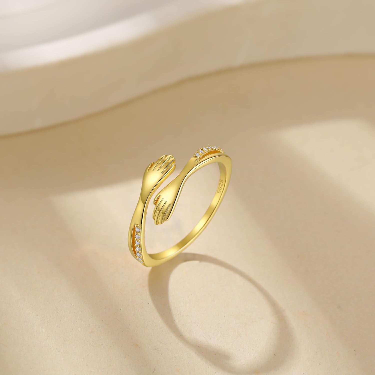 LOVECOM 925 Sterling Silver Hug Rings with Cubic Zirconia for Women Mother Daughter 14k Gold Plated Adjustable Hug from Heaven Hand Ring Trendy Stuff Friendship Ring Jewelry Gifts for Mom - Image 6