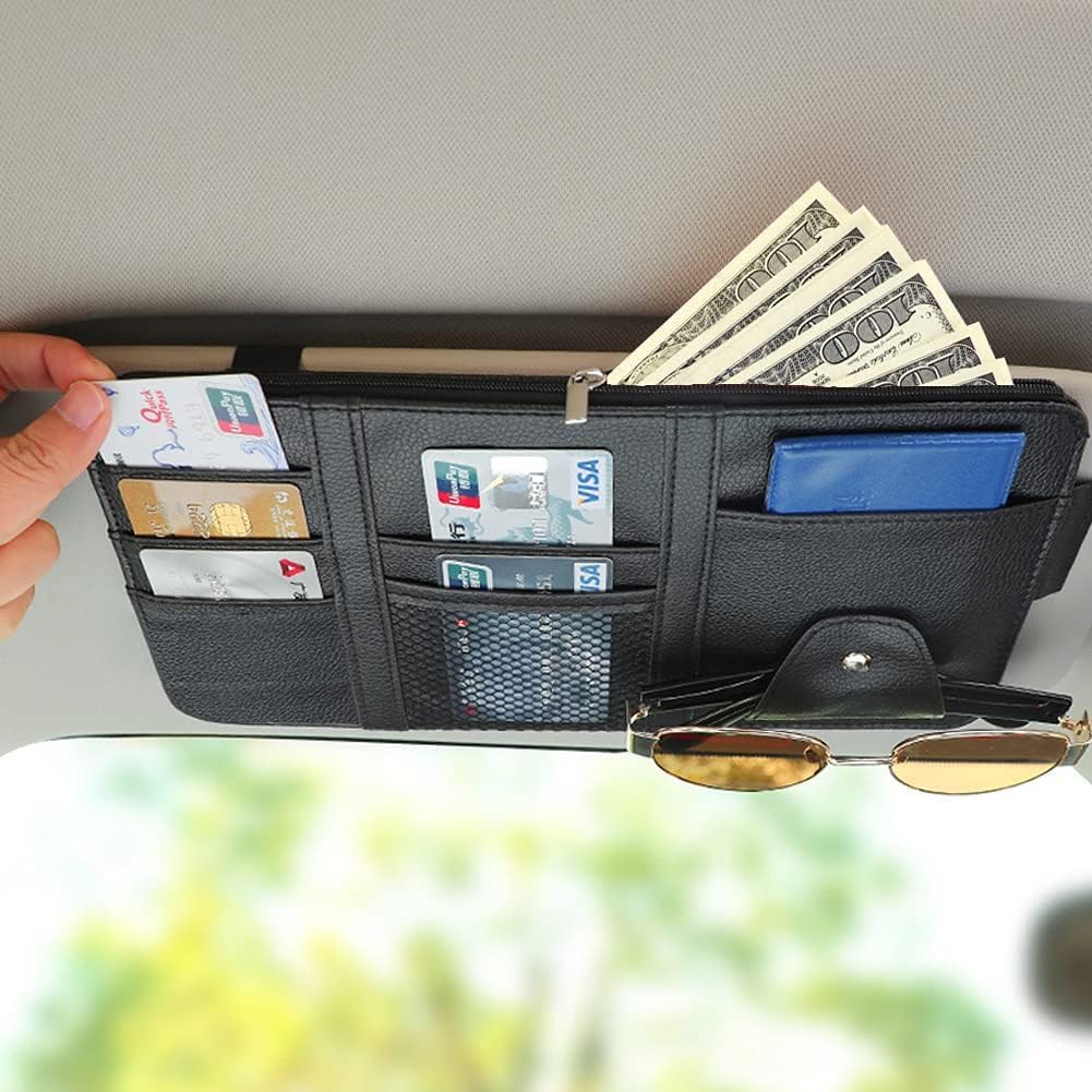 Compact Car Sun Visor Storage Organizer β PU Leather Auto Wallet with Phone & Glasses Holder Universal Fit Secure Elastic Straps Multiple Pockets Interior Pocket, Card Mesh Premium