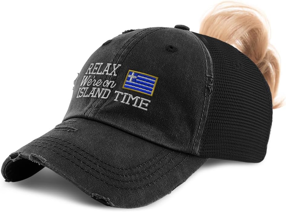 Speedy Pros Ponytail Cap Women's Baseball Cap Embroidered Relax Island Time Greece Greek Mediterranean Cotton