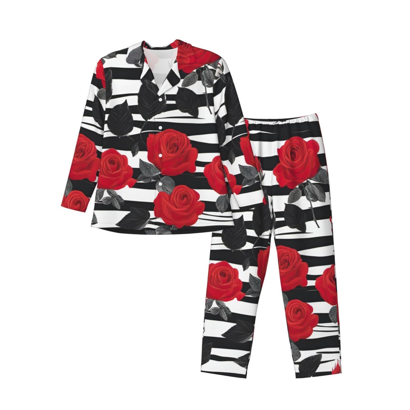 Pigiama a maniche lunghe da uomo con stampa di fiori rossi a righe bianche nere Set pigiama a due pezzi traspirante accogliente Weekend Loungewear