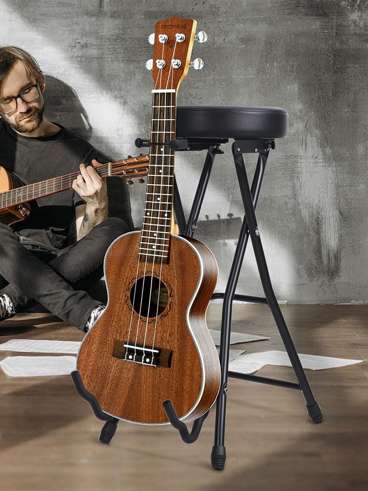 Tabouret de Guitare, siège rembourré Pliable avec Support et Repose-Pieds intégrés, Chaise d'interprète Crochet rétractable pour Basse électrique Acoustique, Pratique en Studio à Noir