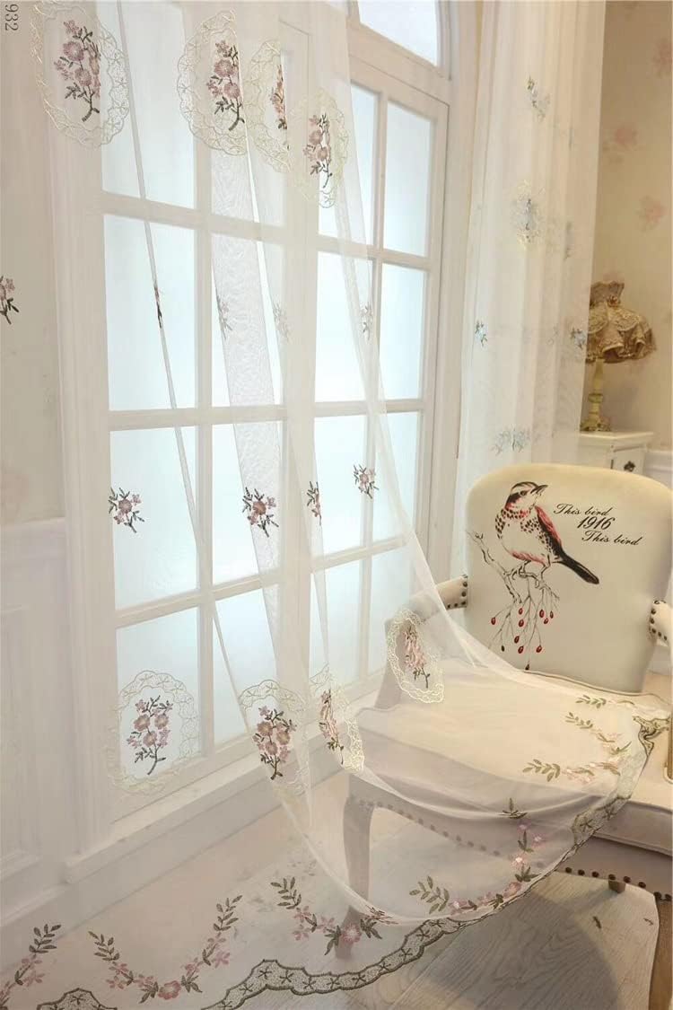 HooHero Pink 100 Wide Sheer Curtains Living Room Kids Nursery Room Window Decoration Voile Gauze Fabric Simple Modern Mesh Embroidered Mirror Flower